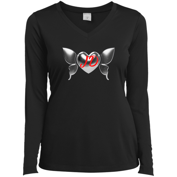 Silver Heart Butterfly Long Sleeve V-Neck Tee